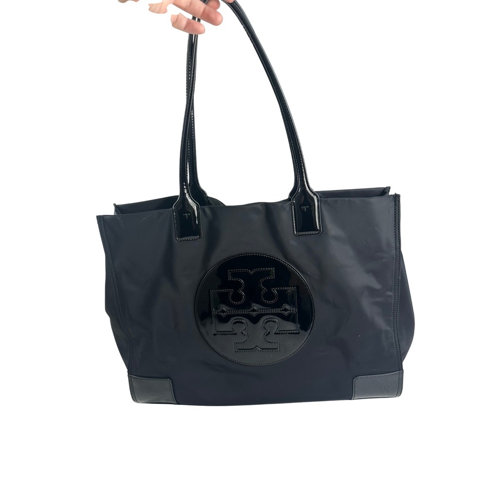 Tory Burch Ella Tote Bag Women Large Black Good Nylon Patent Leather Logo